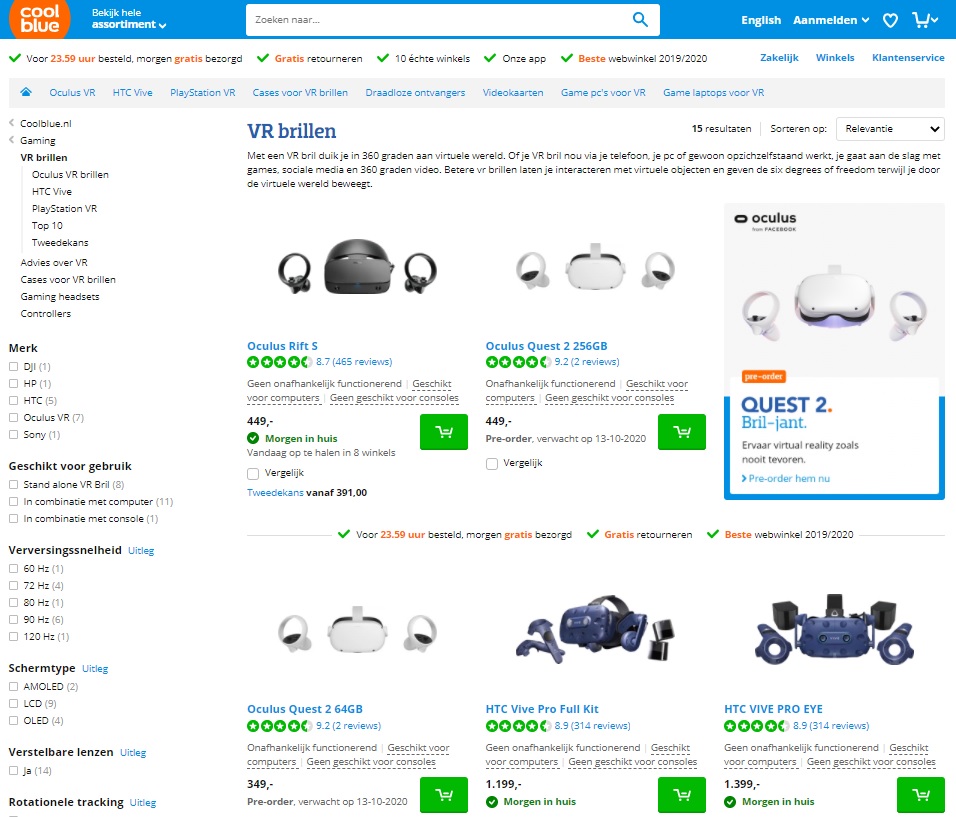 Overzicht van winkels en webshops waar je het een VR-bril kan kopen